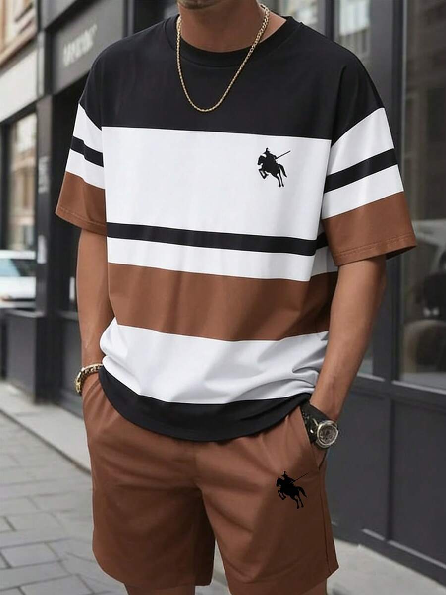 SHEIN 2件套青少年男童时尚条纹印花短袖T恤和休闲运动短裤,适合夏季及多个季节穿着 - 彩色 - 查看 1