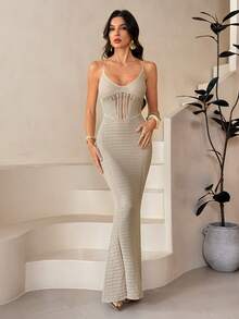 SHEIN Tall Elegant Deep V-Neck Hollow Out Spaghetti Strap Back Tie Backless Slim Summer Crochet Dress - Beige - View 4