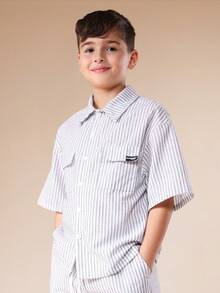 SUMWON Boys Striped Button Down Short Sleeve Shirt And Matching Shorts Summer Vacation Casual Co-Ord Set With Chest Pocket Vacation - Green - View 3