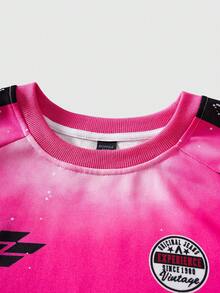 ROMWE MEN Street Life Men's Summer Casual Sports Gradient Digit Print Contrast Striped Side Short Sleeve T-Shirt - Hot Pink - View 3
