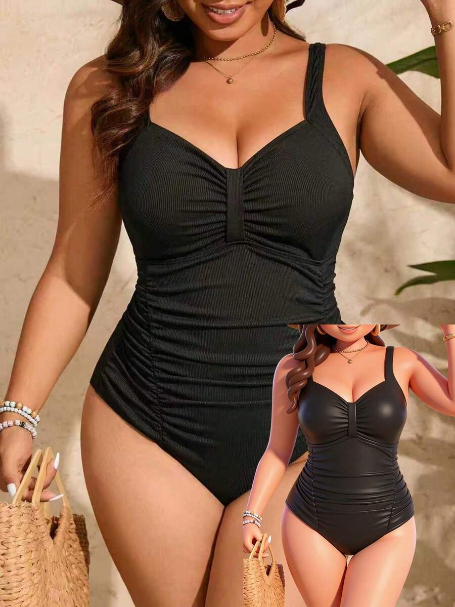 Swim Vcay Summer Beach Plus Size Solid Color Ruched Design One-Piece Swimsuit - Black - View 1