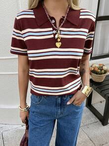 Livesso 春夏红蓝条纹撞色宽松休闲商务办公时尚Polo衫短袖针织上衣（女款） - 紅色 - 查看 3