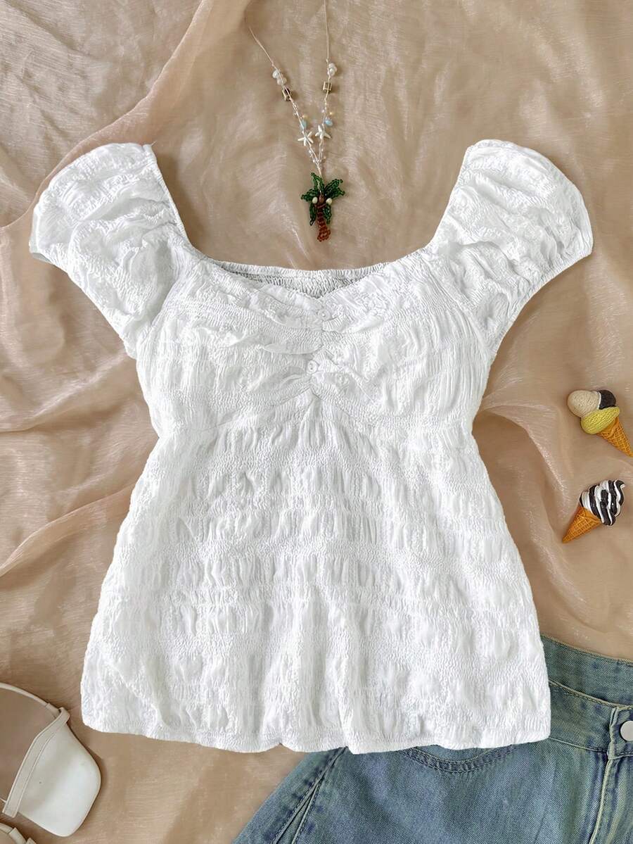 SHEIN Tween Girl's Solid White Textured Fabric Everyday Casual Semi-Sheer Sweetheart Neck Plain Ruched Bust Peplum Top Short Sleeve Blouse - White - View 1