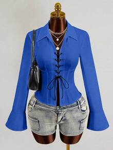 Mistrie Women's New Sexy V-Neck Long Sleeved Shirt With Front And Middle Straps And Ruffle Sleeves Design, Long Sleeved Top - Blue - View 5