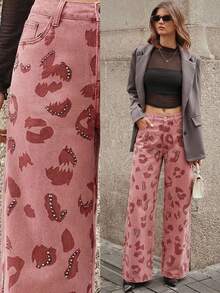 Selenza Women's Casual Fashion Street Leopard Print Rhinestone Embellished Straight Leg Jeans - Pink - View 9