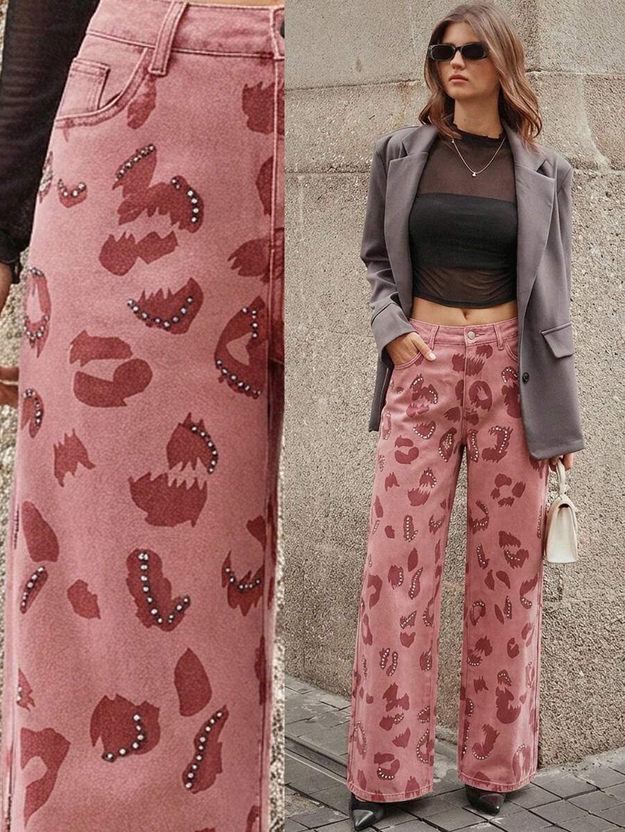 Selenza Quần jeans ống đứng nữ phong cách thường ngày, họa tiết da báo, đính đá lấp lánh. - Hồng - Xem 1