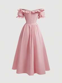 SHEIN MOD Đầm midi nữ thanh lịch, tối giản, màu trơn, xếp ly, trễ vai, eo thon, tay phồng, thích hợp cho mùa hè. - Hồng - Xem 5