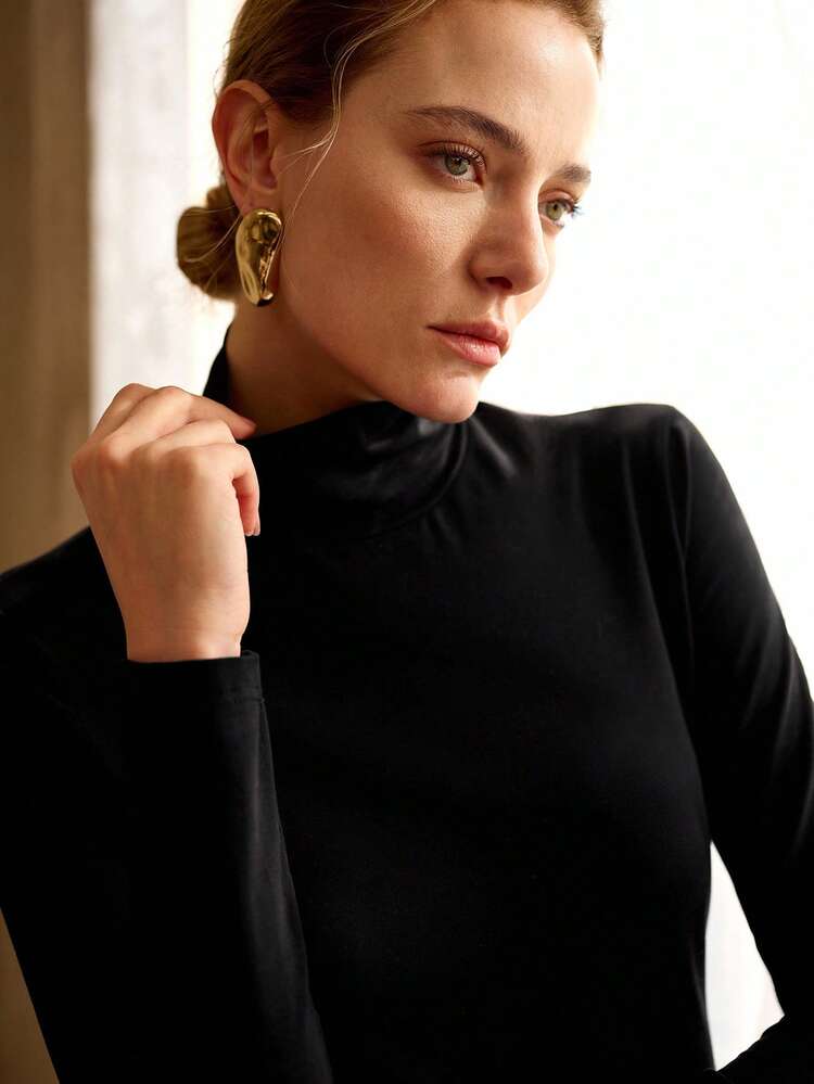 MINIMALIST COTTON BLEND TURTLENECK LONG SLEEVE FITTED T-SHIRT, SPRING/AUTUMN/WINTER