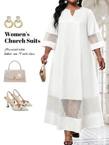 Fleurora 大码纯色网纱拼接镂空领口优雅连衣裙 - 白色 - 查看 4