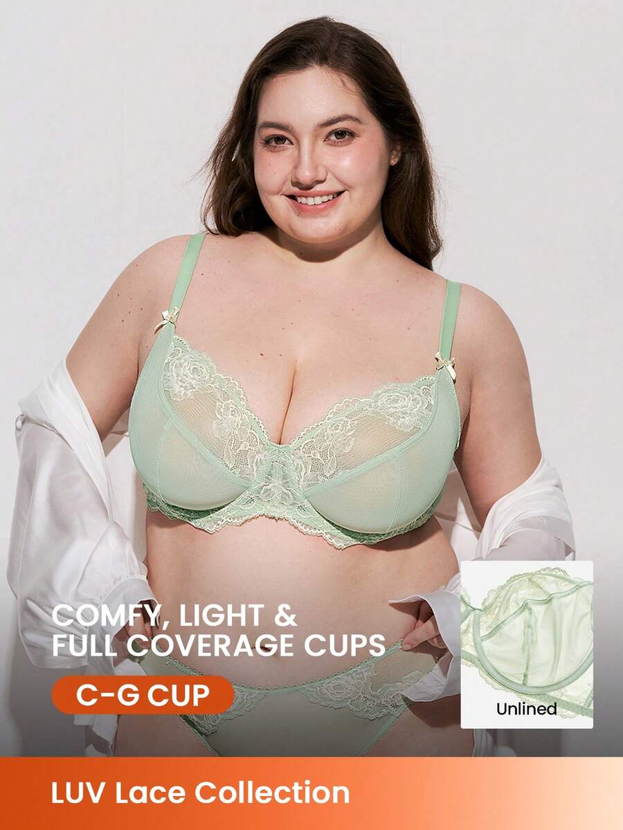 LUVLETTE Plus  Woman Lingerie Full Coverage Support&Breathable Underwire Sexy Unlined Sheer Minimizer Green Lace Bra