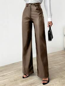 EURMUSE Quần giả da dáng rộng, cạp cao, khóa kéo, sang trọng - Màu nâu  Mocha - Xem 7