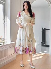 DAZY 女士优雅印花长连衣裙，翻领、泡泡袖、腰带设计，夏季婚礼宾客礼服 - 紅色 - 查看 6