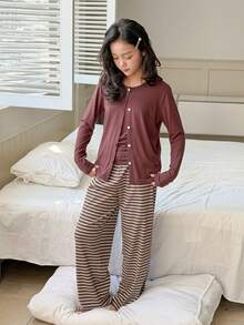 DAZY Conjunto de ropa informal para niña preadolescente con camiseta de tirantes de unicolor y pantalones anchos con cordón a la cintura a rayas - Marrón - Ver 6