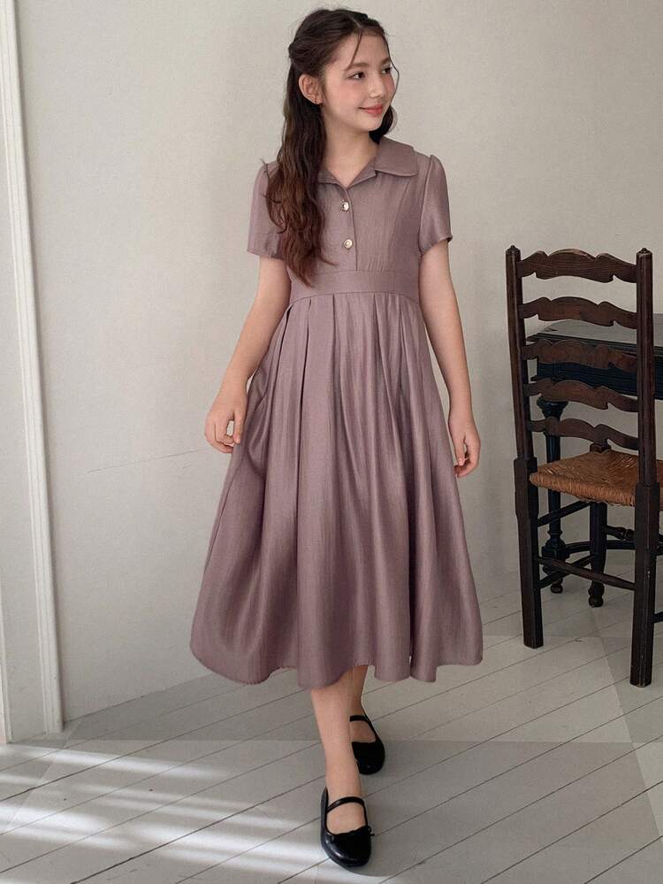 Tween Girls' Casual Everyday Commute Solid Color Waist Cinched Pleated Hem Dress, Summer