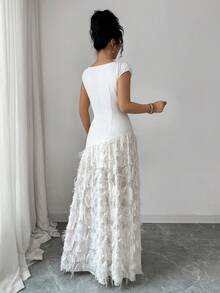 SHEIN Elenzya 优雅杏色长款连衣裙，A字型方领短袖荷叶边下摆设计 - 杏色 - 查看 2