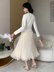 DAZY 优雅翻领腰部褶裥中长连衣裙（女士款） - 白色 - 查看 2