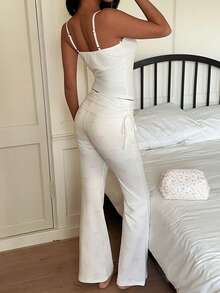 Lowkey Lull Women's Letter & Bow Print Contrast Lace Camisole And Flare Pants Pajama Set - White - View 2