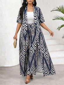 SHEIN Lady Women's Summer Vacation All-Over Print Short Sleeve Shirt And Wide Leg Pants 2 Pieces Set - Navy Blue - View 7