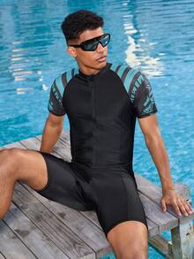 Manfinity Swimmode 男士沙滩度假印花拉链连体泳衣 - 黑色 - 查看 5