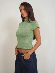 Aloruh Top en tricot à col montant, manches courtes ajustées et courtes pour femmes - Vert - Voir 5
