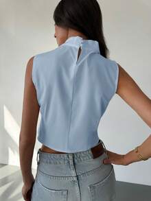 Aloruh Camisa de mujer de cuello alto falso, sin mangas y con bajo asimétrico, para uso diario - Celeste - Ver 2