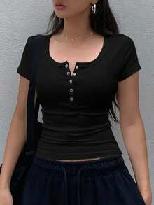 Dazy Star Solid Color Ribbed Knit Short Sleeve T-Shirt,Crop Tops Women - Black - View 6