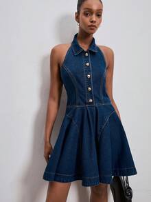 ATUI Studio Women's Single-Breasted Ruffle Hem Halter Neck Denim Dress - Blue - View 1
