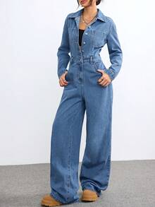 Muchica Combinaison en jean ample à manches longues, à simple boutonnage, avec poches et jambes larges, pour femmes grandes tailles - Bleu azur - Voir 8