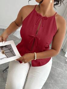 Elenzga Plus Size Summer Casual Textured Butterfly Decor Tank Top - Burgundy - View 6