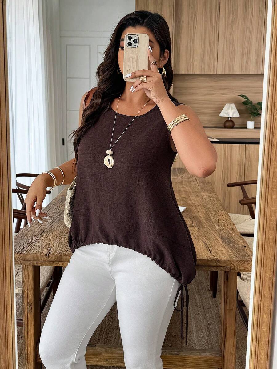 Weeklong Plus Size Women's Round Neck A-Line Drawstring Hem Front Short Sides Long Casual Vacation Blouse Shirt, Spring/Summer - Brown - View 1