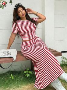 Solflare 2pcs/Set Plus Size Women's Red And White Striped T-Shirt & Maxi Dress,Summer Smart Casual Holiday Outfits,Elegant Chic Y2k Style For Daily Party - Red and White - View 3
