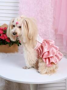 PETSIN 粉色缎面宠物连衣裙，配白色大蝴蝶结 - 荷叶边多层小狗裙，适合小型犬/猫，可爱的情人节服装 - 粉白 - 查看 8