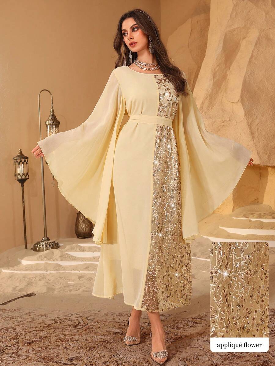 Al Najma 女士优雅串珠腰带拼接束腰连衣裙 - 鵝黃色 - 查看 1