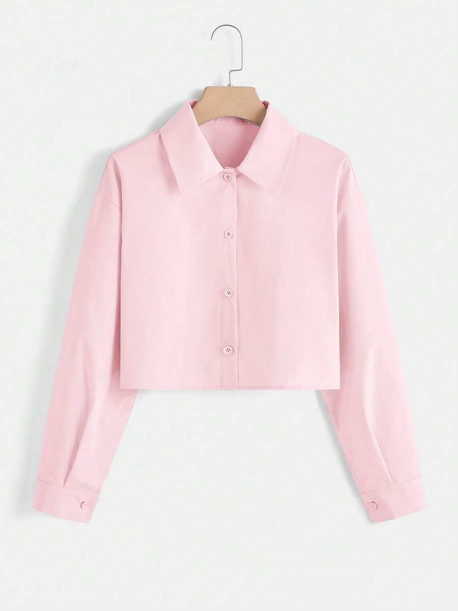 SHEIN EZwear Áo sơ mi dài tay nữ màu trơn cài cúc phía trước kiểu dáng thường ngày - Hồng - Xem 1