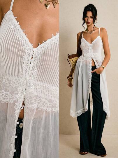 Poéselle 女士撞色蕾丝开衩长款吊带背心