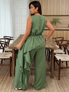 Weeklong Plus Size Women Spring/Summer Round Neck Waist Cinched Asymmetric Hem Ruffle Casual Workwear Set - Apricot - View 2