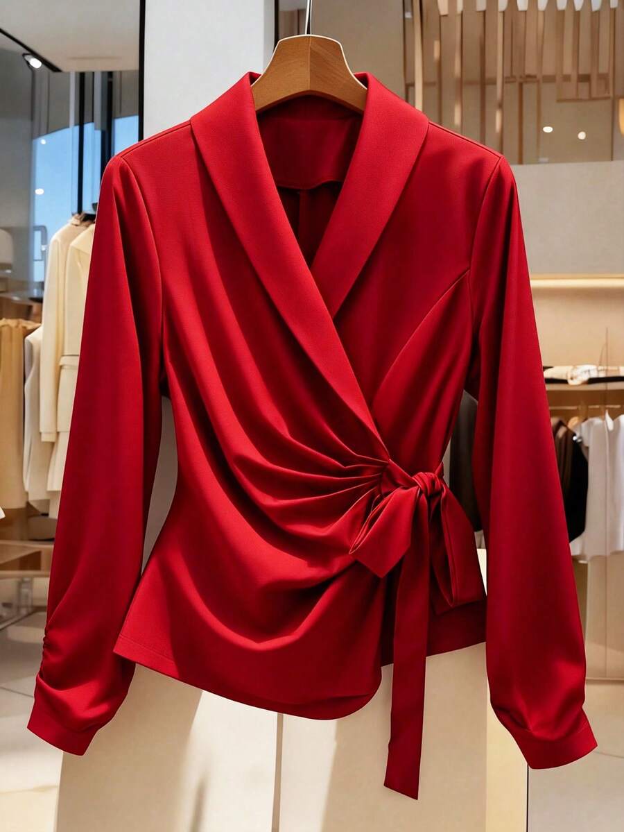 Elenzga Valentine's Day Fashionable Casual French Romantic Retro Elegant Elegant Commuter Tie Waist Bow Cuff Red Thin Blazer - Red - View 1