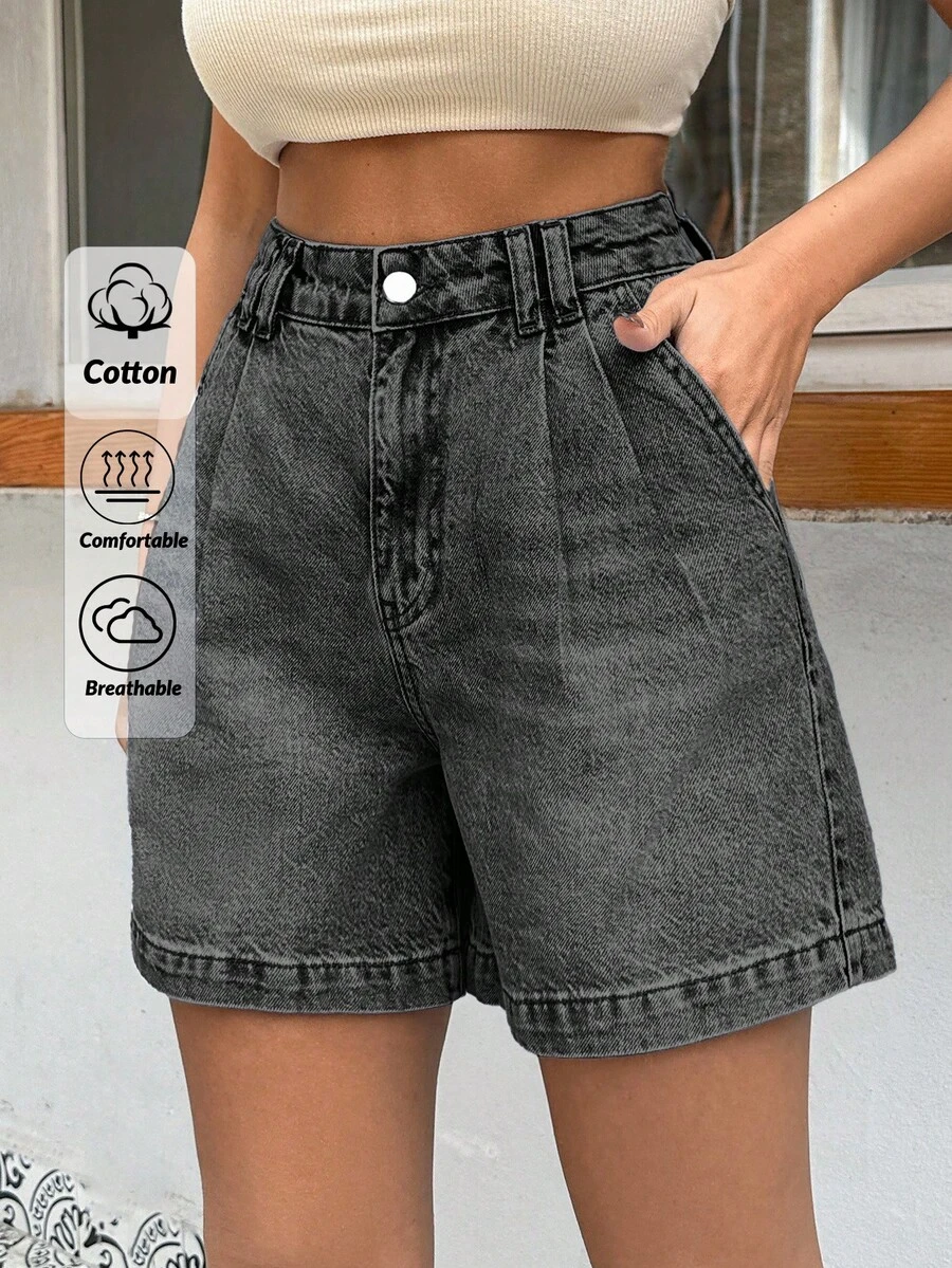 EURMUSE 100%Cotton HIGH WAIST PENS DETAILED STRAIGHT CUT SHORT - Light Grey - View 1