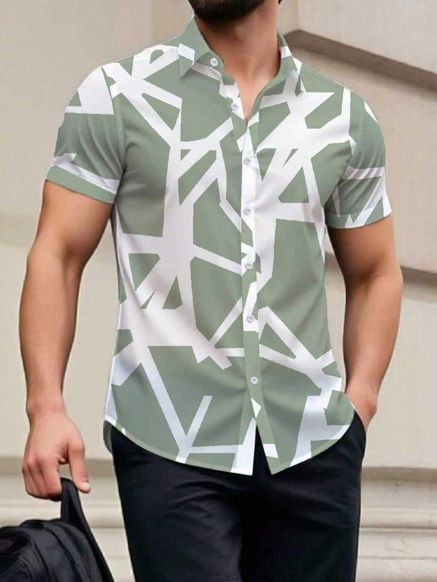 Manfinity Homme 男士休闲日常印花短袖衬衫，夏季款 - 橄欖綠 - 查看 1