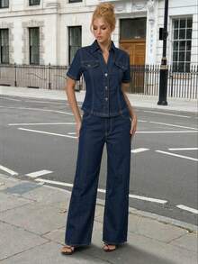 Siren Gaze Women's Navy Blue Denim Suit: Fitted Denim Shirt + Straight Leg Jeans; Summer Casual Suit, - Dark Wash - View 2