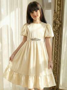 SHEIN Tween Girl Spring/Summer Elegant Glamorous Rhinestone & Beaded Trim Bubble Short Sleeve Dress, Apricot Solid Color Woven Dress, Tween Girl - Apricot - View 5