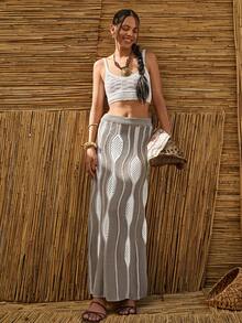 SHEIN Cottnline Women's Summer Knit Contrast Color Hollow Wave Pattern Fashion Mini Skirt - Beige - View 6