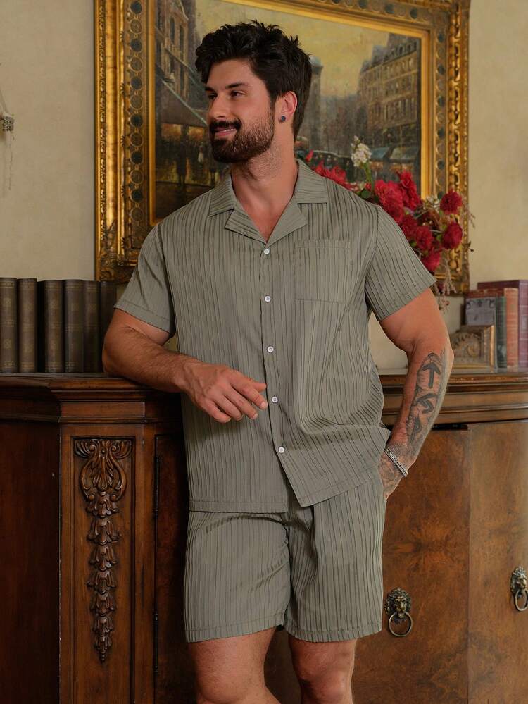 Men's Summer Textured Fabric Short Sleeve Shirt And Shorts Pajama Set