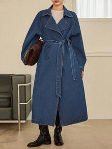 Dazy-Less Loose Casual Raw Denim Blue Elegant Long Women Denim Jacket And Coat, Spring/Summer - Blue - View 8