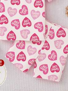 2 pièces/Set Pyjamas ajustés pour jeunes filles, haut à manches courtes et short imprimés de cœurs roses et de lettres, élégants et . Printemps/Été - Rose bonbon - Voir 5