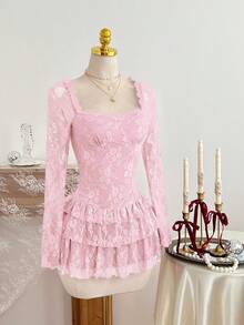 Elamini Váy ngắn lãng mạn với họa tiết ren hoa - Hồng - Xem 4