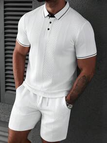 Manfinity Homme Men's Casual Textured Short Sleeve Polo Shirt And Shorts Set,Summer Vacation White And Black 2 Piece Co Ord Set,Men's White Casual 2 Piece Short Set - White - View 4