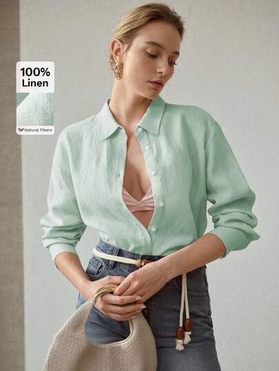 MOTF PREMIUM WOMEN'S COMFORTABLE BASIC SOLID COLOR SIMPLE LINEN SHIRT, SUMMER