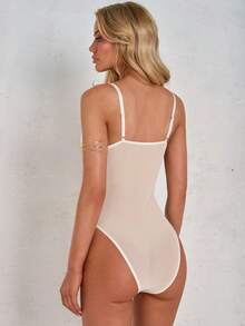 SHEIN Glamour Women's Sleeveless Bodysuit With Spaghetti Straps And Fishbone Seam, Fitted And Fashionable - Light Yellow - View 3