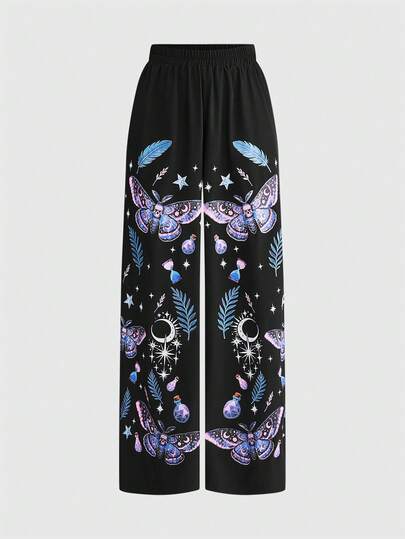 ROMWE Spring/Summer Gothic Thorns Witch Butterfly Star Moon Magic Potion Plant Feather Print Black Wide Leg Pants For Women